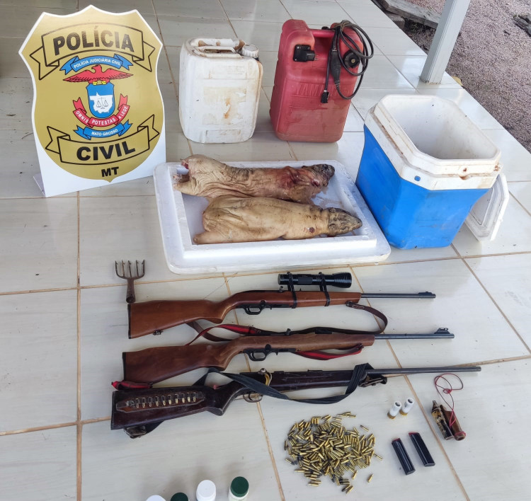 Polícia Civil prende em flagrante três homens com armas de fogo e carnes de animal silvestre em Jauru