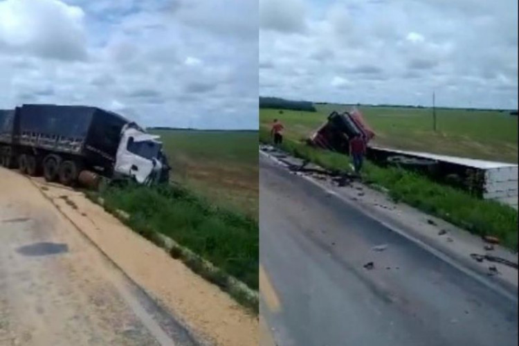 carretas se envolvem em acidente em rodovia federal entre Vilhena e Comodoro; caminhoneiro teria ficado preso a ferragens