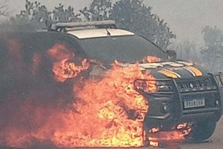 VÍDEO: Viatura da PRF é destruída por incêndio que começou às margens da BR-060